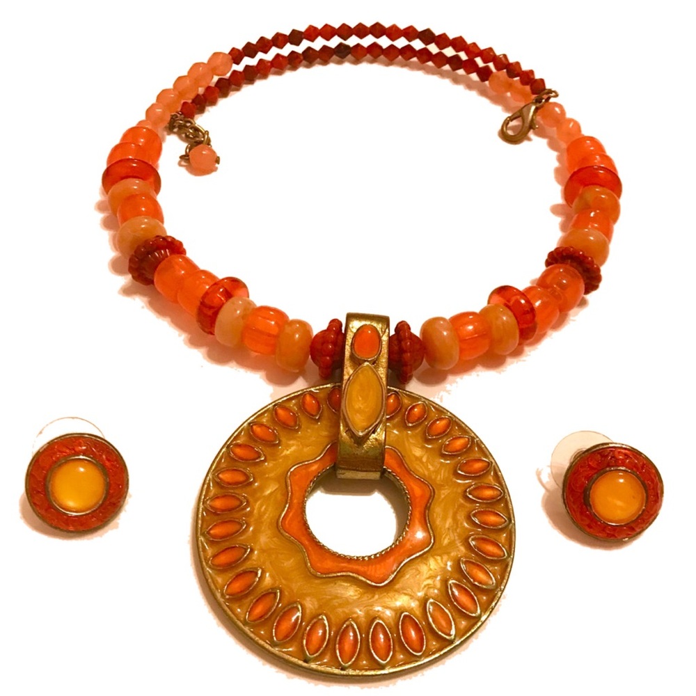 Coral Pink, Red, and Orange Earrings and Necklace